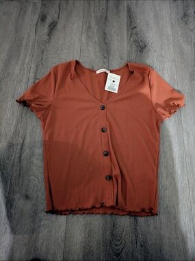 Caution To The Wind Ribbed Button-Up V-Neck Top - Rust Orange